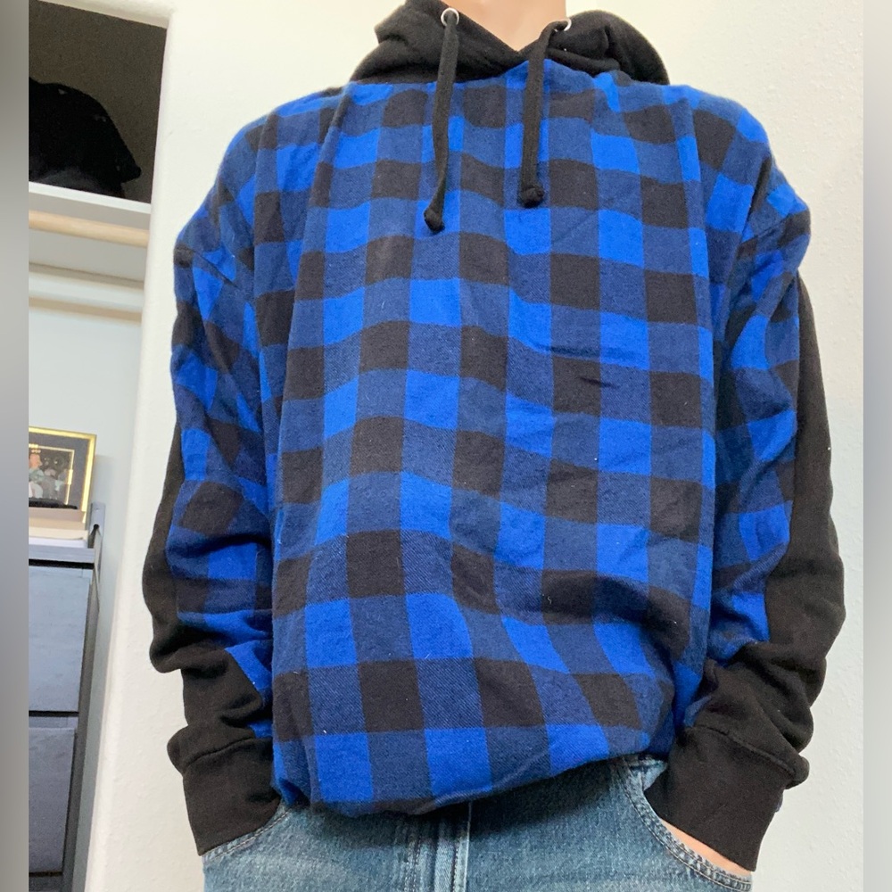 Trendy Blue & Black Plaid Hoodie | Streetwear/Y2K | Quick Shipping